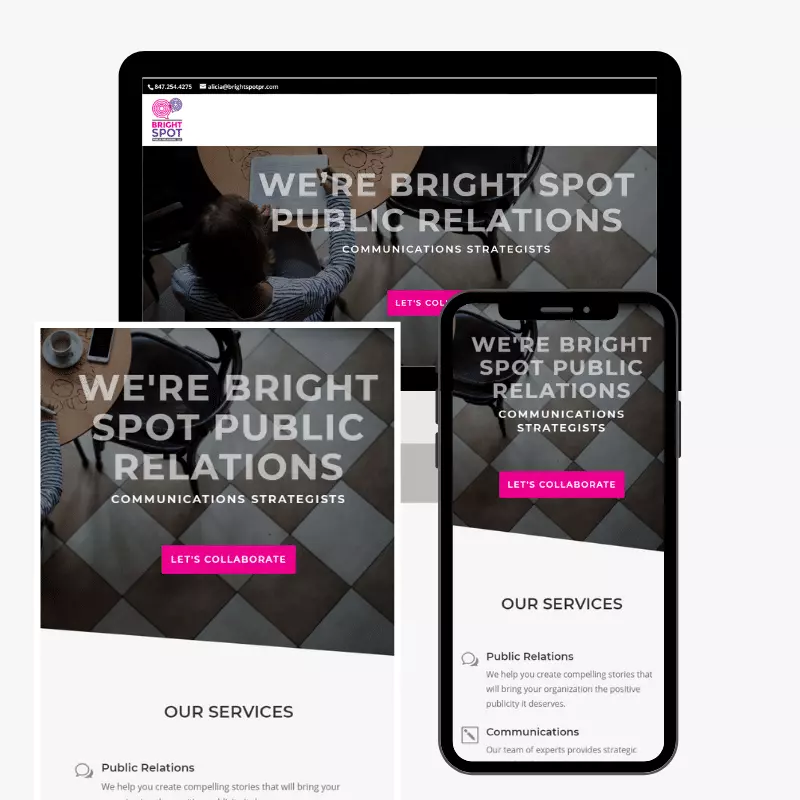 Bright Spot Public Relations responsive design website images on phone, tablet, desktop