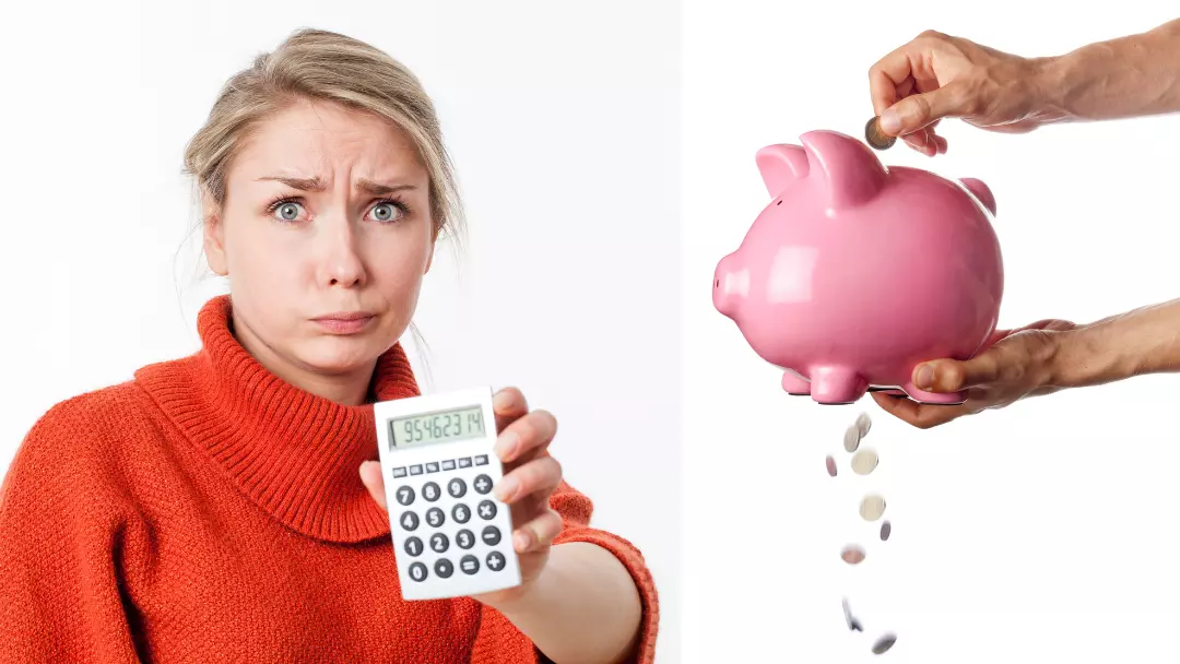 businesswoman holding calculator piggy bank losing money