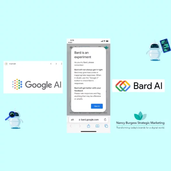 robots with magnifying glass and phone with text Google AI and Bard AI, phone with Bard is an experiment.